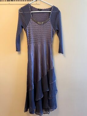 Komarov Lavender-Purple Long Sleeve Midi Dress with Beaded Neckline